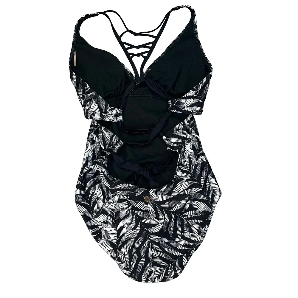 Prana Womens One Piece Swimsuit Black White Leaf Print Strappy Lattice Back M